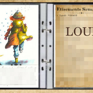 Un enfant qui court dans la neige. Vu de dos. Vêtements colorés. Aquarelle dans un classeur.