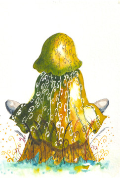 Un chaperon vert assis en tailleur sur une souche d'arbre. Il est vu de dos.