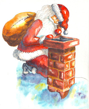 Un père Noël regarde dans un conduit de cheminée sur un toit enneigé.