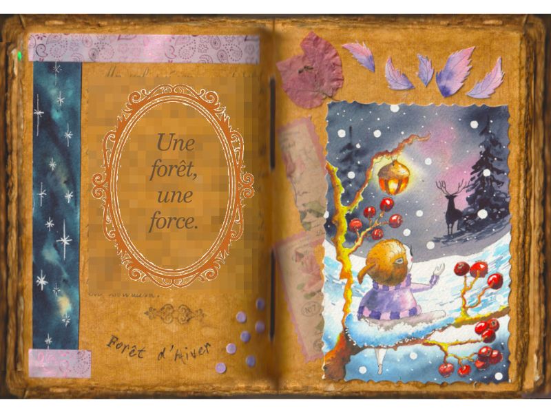 Un esprit de la forêt assis sur une branche enneigée. Il neig. On aperçoit au loin la silhouette d'un cerf sur fond de ciel nocturne un peu rosé. Des baies rouges et une lanterne entourent le jeune esprit. Aquarelle dans un grimoire.