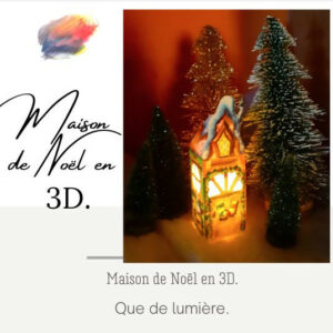 Une maison de Noël en papier en 3D, illustrée à l'aquarelle avec une bougie à l'intérieur.