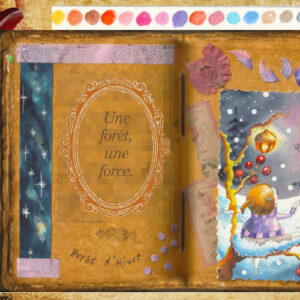 Un esprit de la forêt assis sur une branche enneigée. Il neig. On aperçoit au loin la silhouette d'un cerf sur fond de ciel nocturne un peu rosé. Des baies rouges et une lanterne entourent le jeune esprit. Aquarelle dans un grimoire.