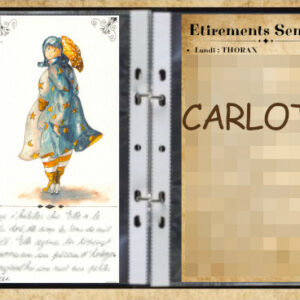 Une femme dodue habillée d'un manteau gris à étoile jaunes, se tourne vers nous avec son ombrelle sur l'épaule. Aquarelle dans un classeur.