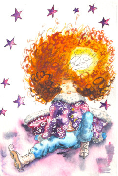 Une fille vient de tomber en patin à glace. Elle a une tignasse rousse, un manteau violet et rit aux éclats. Des étoiles mauves dansent autour de sa tête.