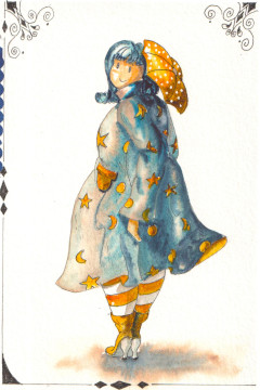 Une femme dodue habillée d'un manteau gris à étoile jaunes, se tourne vers nous avec son ombrelle sur l'épaule.