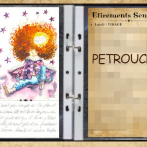 Une fille vient de tomber en patin à glace. Elle a une tignasse rousse, un manteau violet et rit aux éclats. Des étoiles mauves dansent autour de sa tête. Aquarelle dans un classeur.