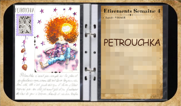 Une fille vient de tomber en patin à glace. Elle a une tignasse rousse, un manteau violet et rit aux éclats. Des étoiles mauves dansent autour de sa tête. Aquarelle dans un classeur.