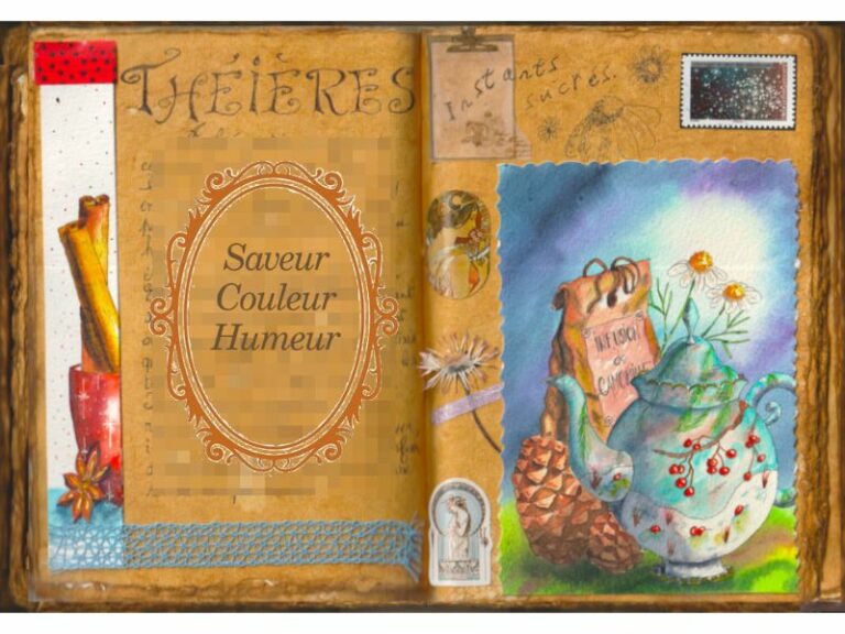 Une théière avec des baies rouges dans la neige. Un sachet kraft. Une pomme de pin. Des fleurs de camomille. Dans un grimoire.