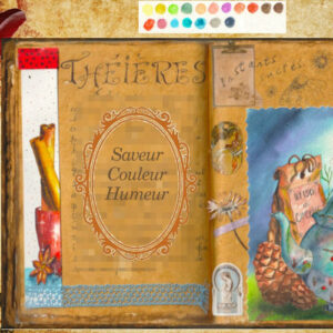 Une théière avec des baies rouges dans la neige. Un sachet kraft. Une pomme de pin. Des fleurs de camomille.