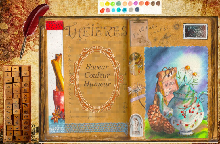 Une théière avec des baies rouges dans la neige. Un sachet kraft. Une pomme de pin. Des fleurs de camomille.