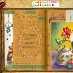 Une théière ronde, un hibiscus et un pot à thé sont posés sur la table. Aquarelle dans un grimoire.