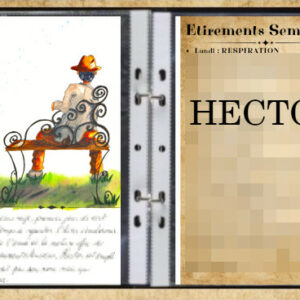 Un homme à chapeau est vu de dos. Il est assis sur un banc à entrelacs et a les pieds dans l'herbe. Aquarelle dans un classeur.