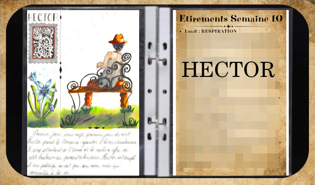 Un homme à chapeau est vu de dos. Il est assis sur un banc à entrelacs et a les pieds dans l'herbe. Aquarelle dans un classeur.