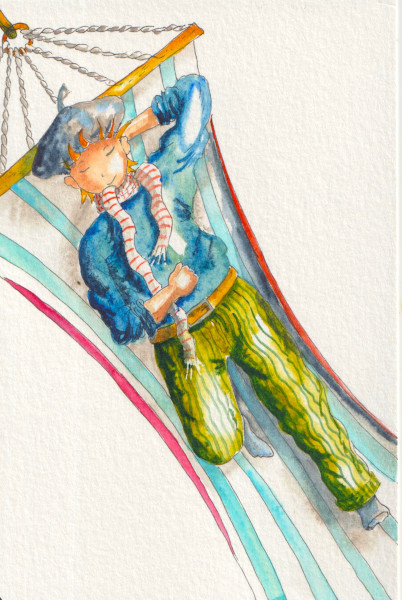 Un homme au béret est allongé dans un hamac. Il est vu du dessus.