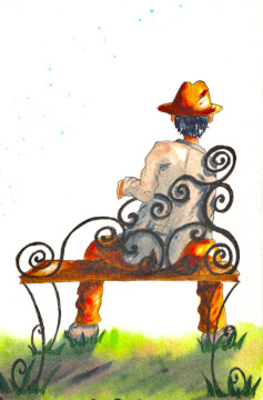 Un homme à chapeau est vu de dos. Il est assis sur un banc à entrelacs et a les pieds dans l'herbe.