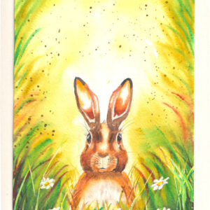 Un lapin vous regarde au milieu de la verdure et des pâquerettes. Beaucoup de lumière.