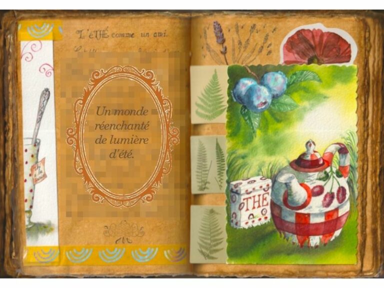 Une théière peinte de carreaux rouges et de framboises est posée dans l'herbe d'été. Une boîte à thé à pois rouges est à côté. Aquarelle dans un grimoire.