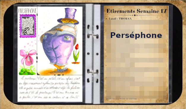 Une femme dodue est penchée, vue de dos, sur une tulipe. Elle porte un chapeau violet haut-de-forme. Aquarelle dans un classeur.