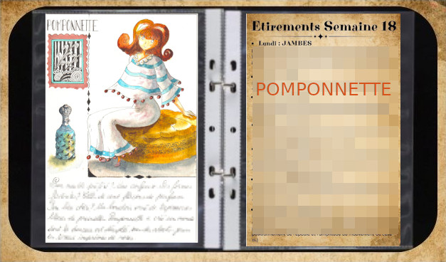 Une coquette rousse habillée de bleu et blanc pose sur son pouf. Aquarelle dans un grimoire.