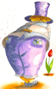 Une femme dodue est penchée, vue de dos, sur une tulipe. Elle porte un chapeau violet haut-de-forme.