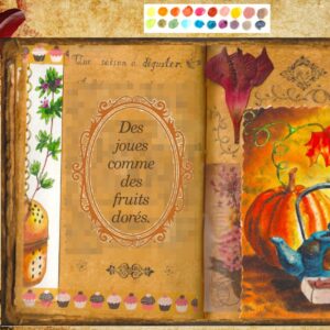 Une théière bleue et une citrouille dans une ambiance automnale. Aquarelle dans un grimoire.