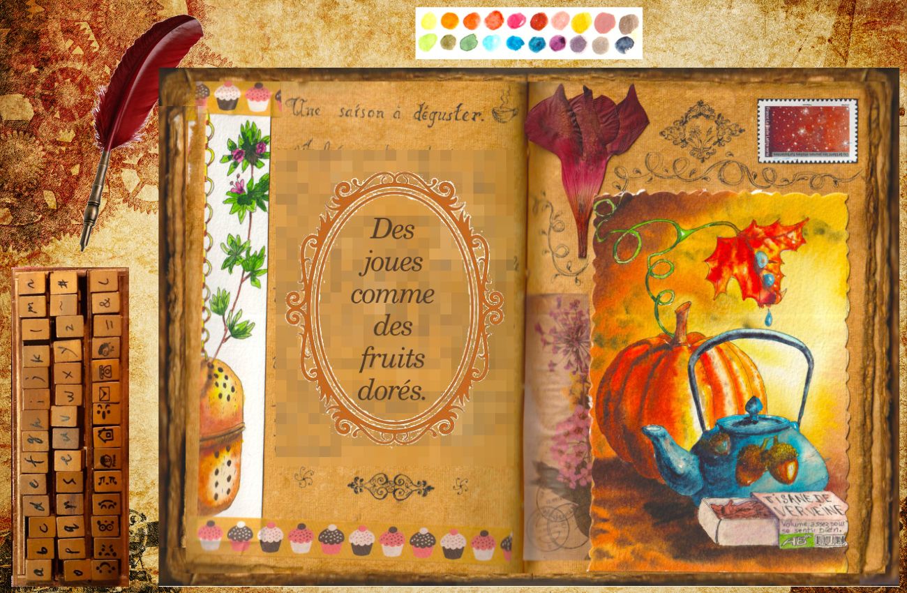 Une théière bleue et une citrouille dans une ambiance automnale. Aquarelle dans un grimoire.
