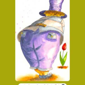 Une femme dodue est penchée, vue de dos, sur une tulipe. Elle porte un chapeau violet haut-de-forme.