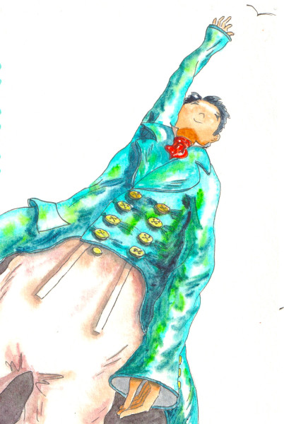 Un homme à redingote bleue et pantalon blanc est vu en contre-plongée. Il tend le bras vers un oiseau dans le ciel.