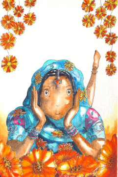 Une femme hindoue nous regarde, elle est allongée dans un tapis de fleurs de soucis.