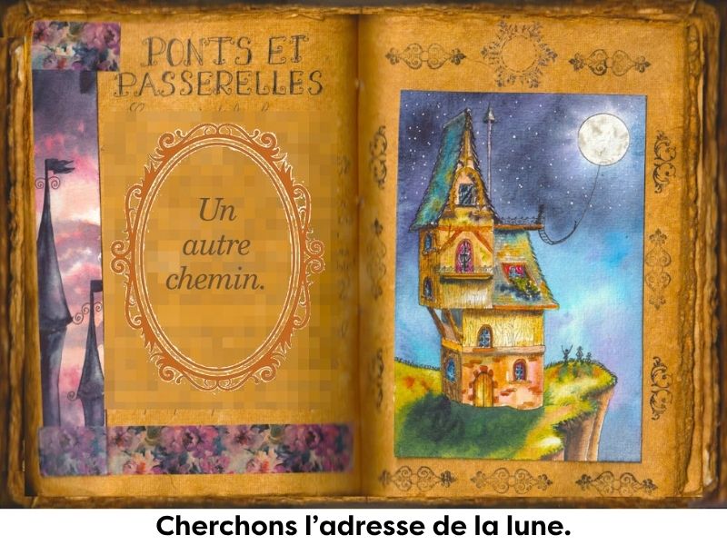 Un manoir dans une nuit étoilée est relié par une échelle à la pleine lune. Qulqu'un monte sur cette échelle. Aquarelle dans un grimoire ancien.