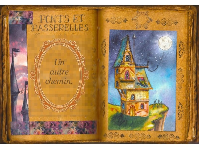 Un manoir dans une nuit étoilée est relié par une échelle à la pleine lune. Qulqu'un monte sur cette échelle. Aquarelle dans un grimoire ancien.