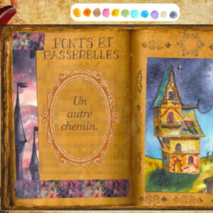 Un manoir dans une nuit étoilée est relié par une échelle à la pleine lune. Qulqu'un monte sur cette échelle. Aquarelle dans un grimoire ancien.