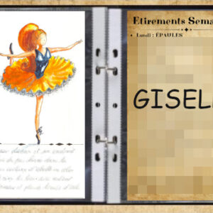 Une danseuse en tutu jaune et noir fait une arabesque. Aquarelle dans un grimoire.