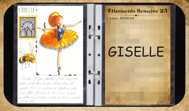 Une danseuse en tutu jaune et noir fait une arabesque. Aquarelle dans un grimoire.