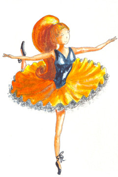 Une danseuse en tutu jaune et noir fait une arabesque.