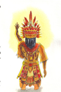 Un inca vu de dos salue le soleil à genoux. Il lève une main vers lui.
