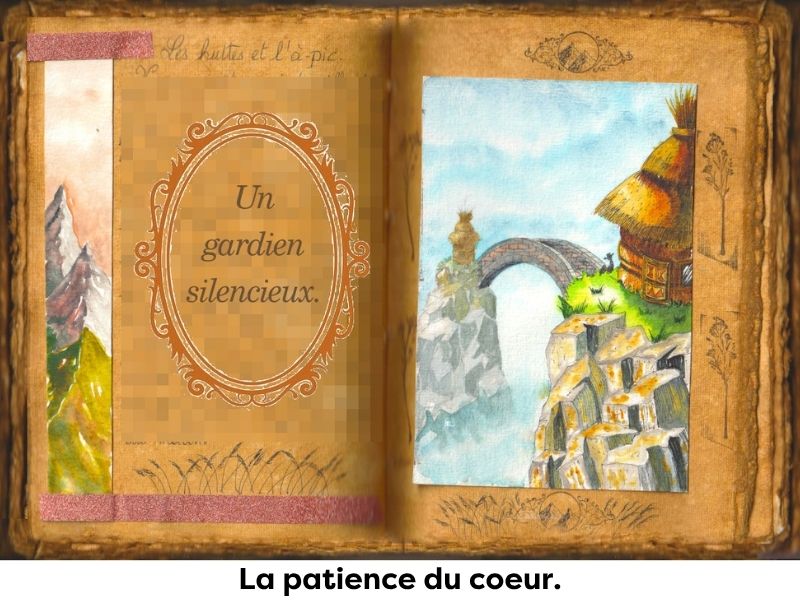 Des huttes sur des pics rocheux sont reliées par un pont en pierre. Aquarelle dans un grimoire.