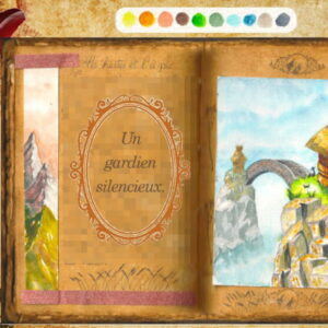 Des huttes sur des pics rocheux sont reliées par un pont en pierre. Aquarelle dans un grimoire.