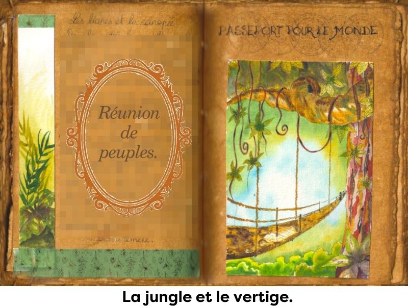 Une passerelle survole la canopiée de la foret tropicale. .Au premier plan pendent des lianes d'une frondaison dense. Aquarelle dans un grimoire.