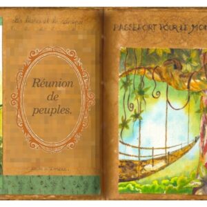 Une passerelle survole la canopiée de la foret tropicale. .Au premier plan pendent des lianes d'une frondaison dense. Aquarelle dans un grimoire.