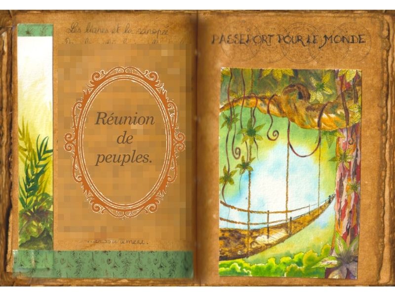 Une passerelle survole la canopiée de la foret tropicale. .Au premier plan pendent des lianes d'une frondaison dense. Aquarelle dans un grimoire.