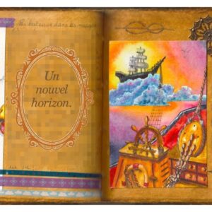 Au premier plan : le pont d'une caravelle en bois. Dans le ciel : une caravelle posée sur des nuages. Entre les deux : une passerelle. Aquarelle dans un grimoire.