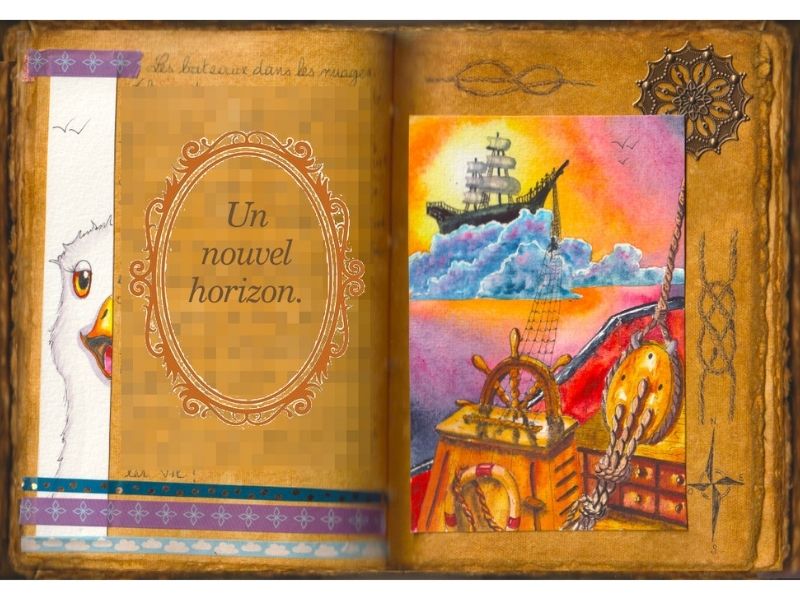 Au premier plan : le pont d'une caravelle en bois. Dans le ciel : une caravelle posée sur des nuages. Entre les deux : une passerelle. Aquarelle dans un grimoire.