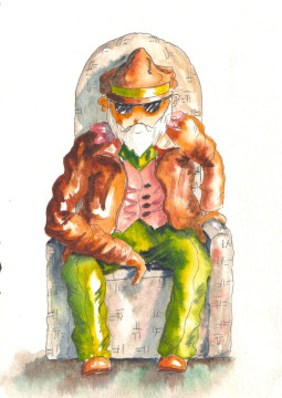 Un vieil homme portant casquette et lunettes de soleil est assis dans un fauteuil gris. Il pose son bras droit sur sa jambe droite, il a de l'assurance.