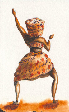 Une femme africaine danse, vue de dos. Aquarelle aux couleurs chaudes.