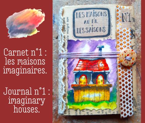 Un carnet scrapbooking avec l'aquarelle d'une maison sur ciel violet et le titre : "Des maisons au fil des saisons".