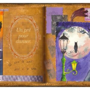 Un hibou est posé sur un réverbère sur fond de grosse lune rosâtre. Aquarelle dans un grimoire.